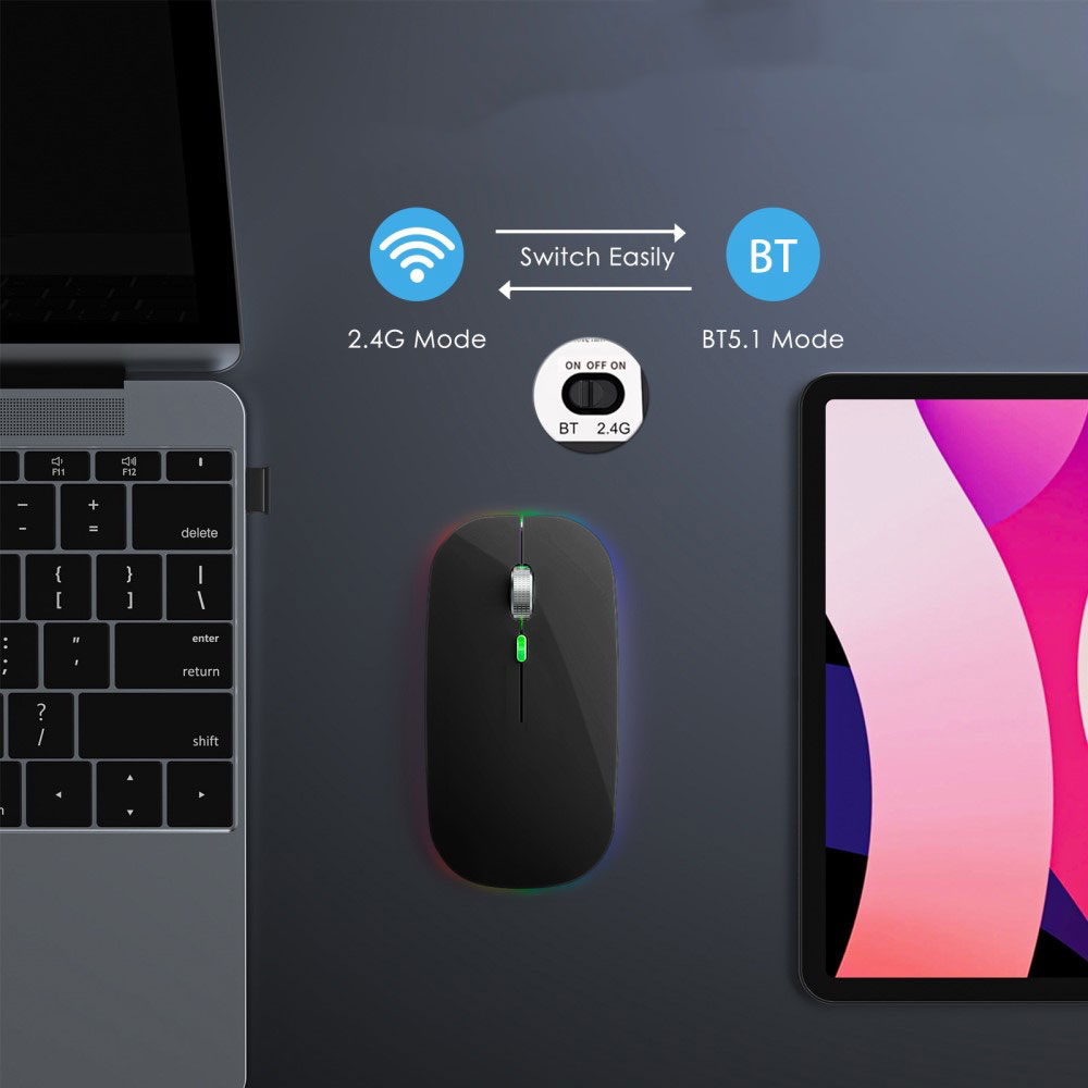 2.4GHz Optische Wireless Bluetooth   Funk Maus 1600 DPI mit RGB LED Beleuchtung und 450mAh Akku (Silent Click) - Schwarz