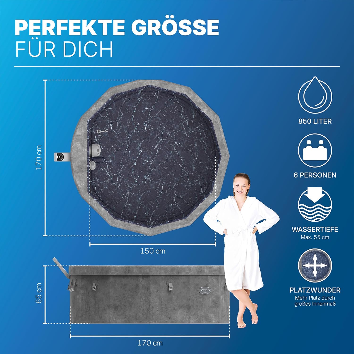 Bestway® Lay-Z-SPA® Energiespar-Whirlpool mit Schaumstoffpaneelen Carrara AirJet™ mit App-Steuerung + integrierter UltraFit™ -Pumpeneinheit, für 6 Personen Ø 170 x 65 cm, Dunkle Alabaster-Optik