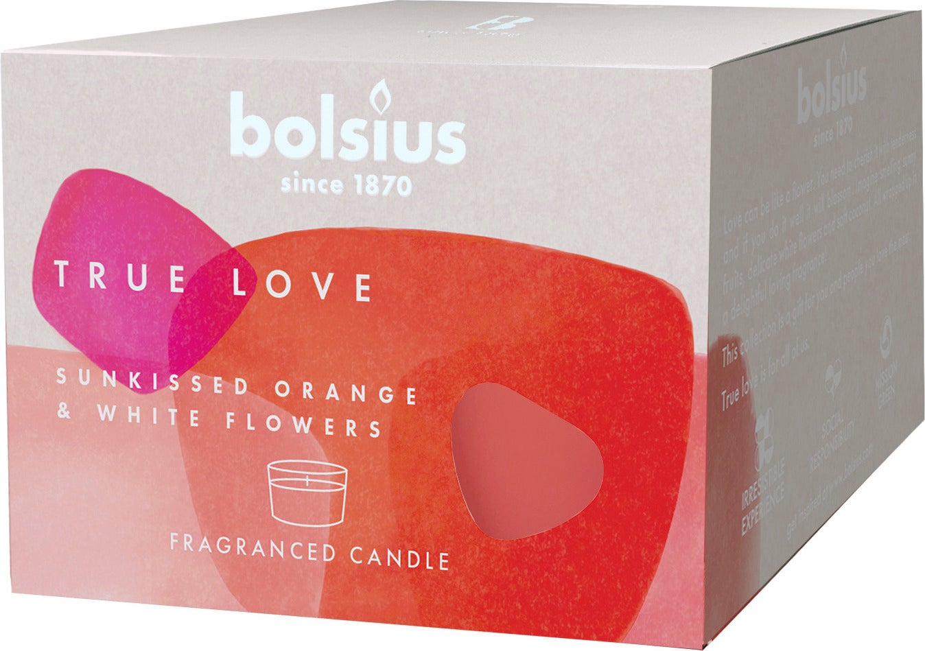 Bolsius geurkaars True Love Sunkissed Orange & White flowers rood 24 uur D 9,2 H 6,6 cm