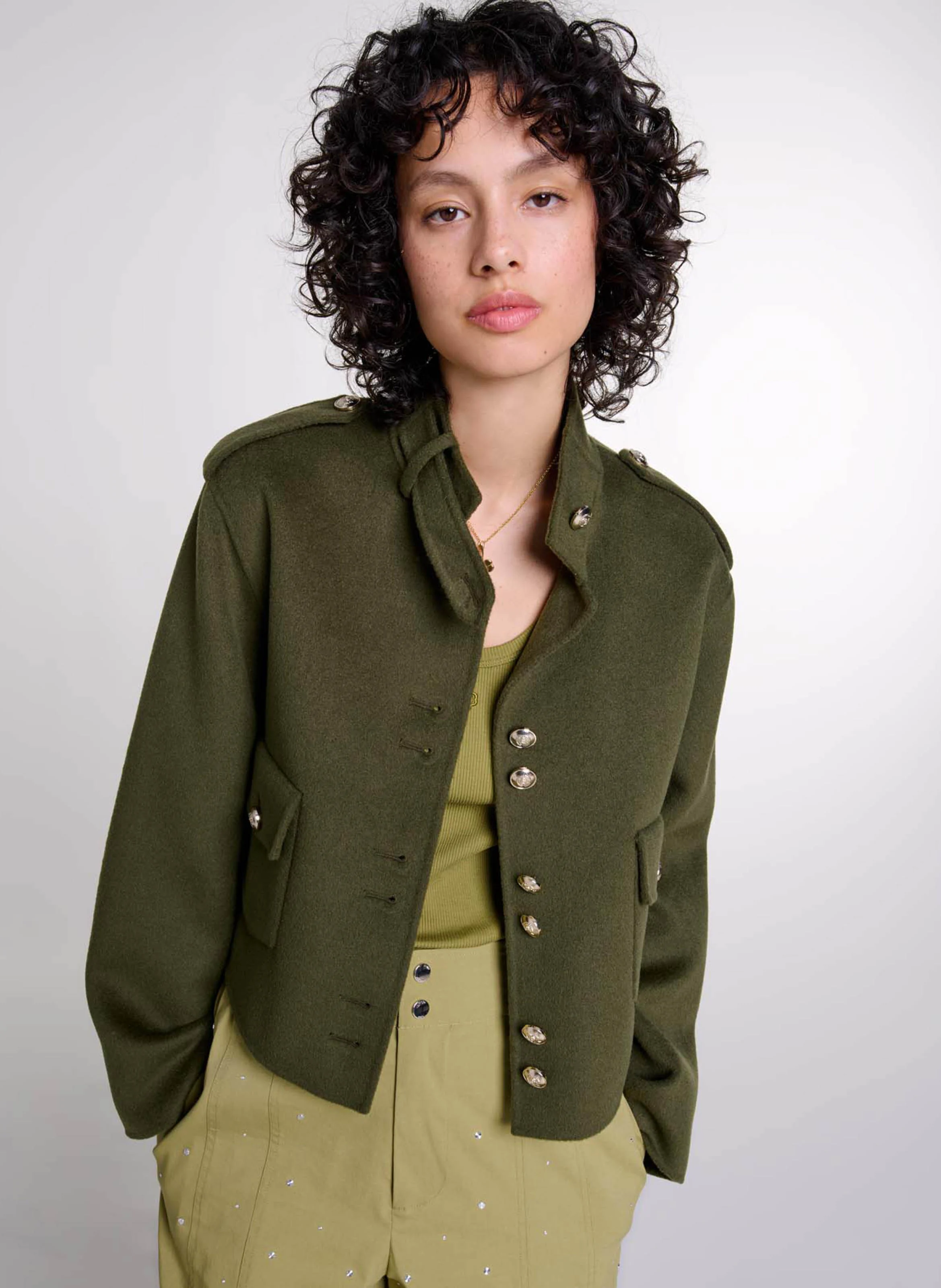 Veste courte col officier en laine feutré | Kaki