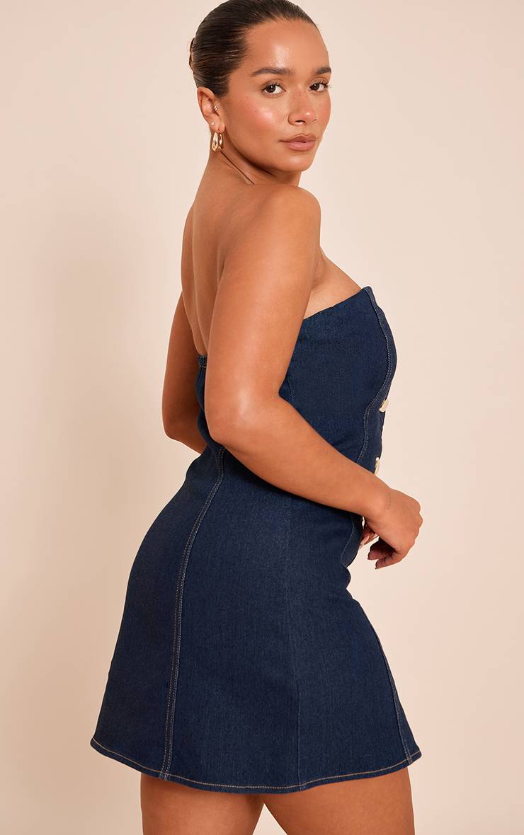 Bleu Indigo Robe Mini Bandeau En Denim Stretch Ajusté Avec Boutons Dorés