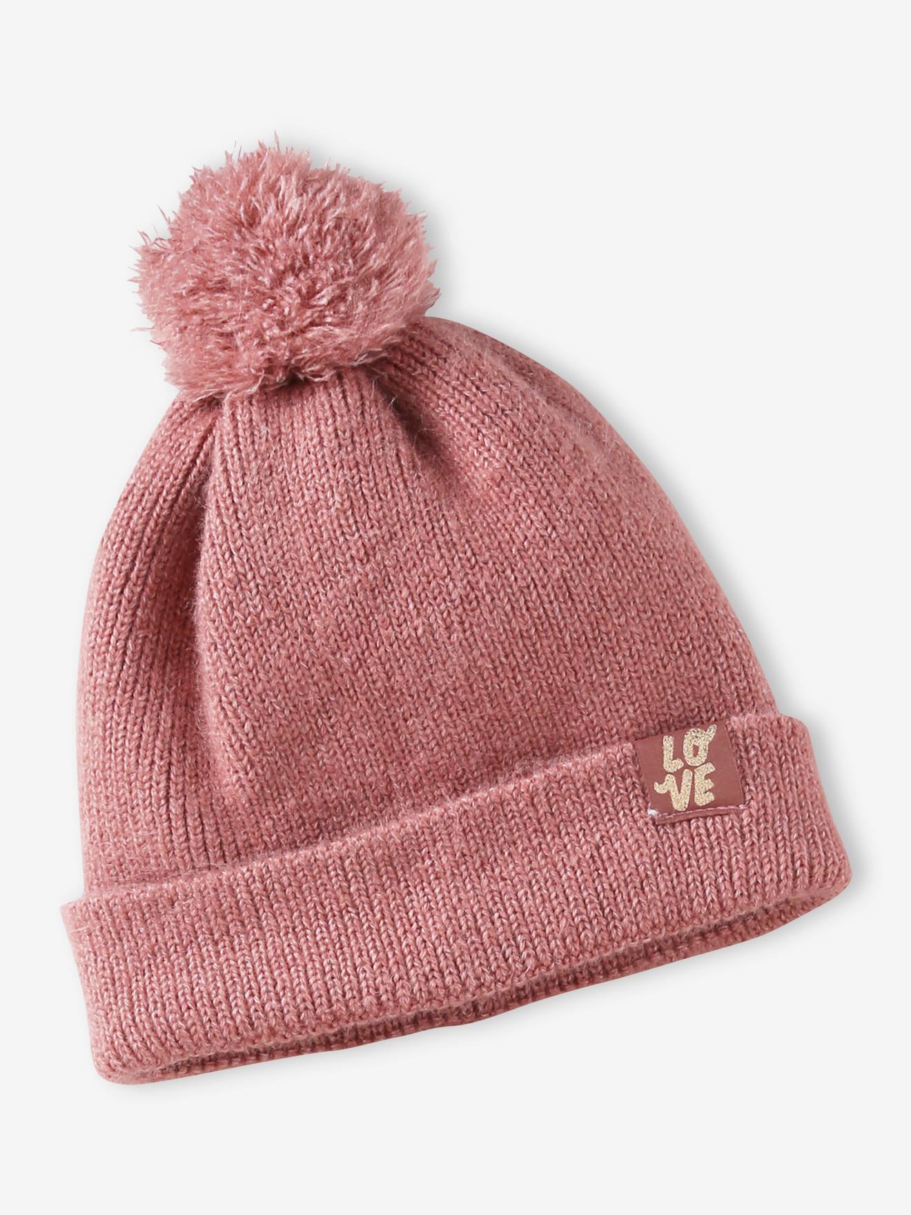 Conjunto infantil de malha canelada: gorro + cachecol + luvas/mitenes na cor rosa antigo