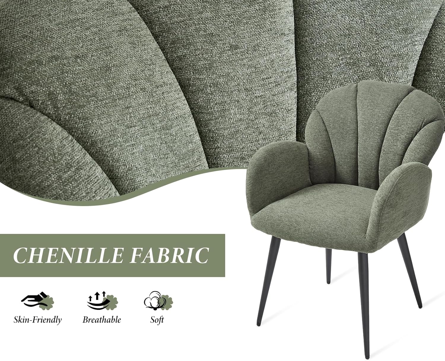 chairus Esszimmerstühle 2er Set Chenille Küchenstühle, Polsterstühle mit Lehne Moderne Stühle Esszimmer, Armlehnenstuhl für Küche Wohnzimmer, Grün