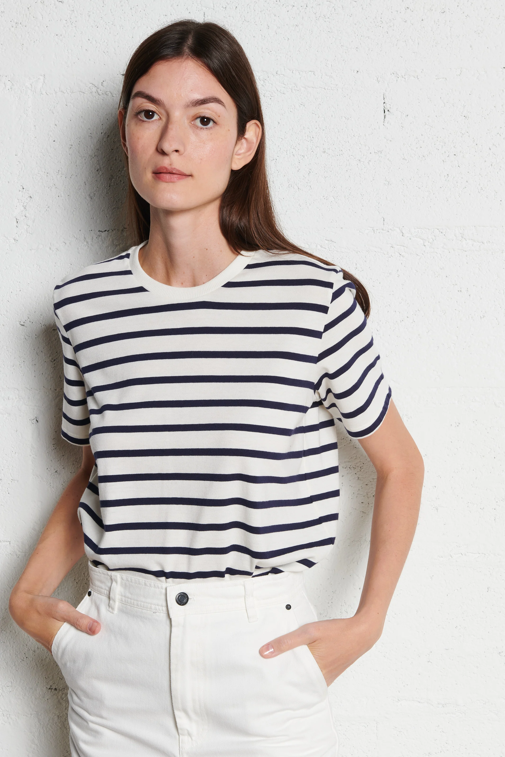 Tee-shirt col rond rayé en coton mélangé | Bleu