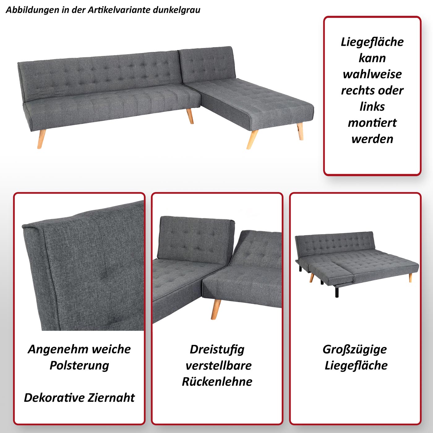 Ecksofa MCW-K38, Sofa Klappsofa, Liegefläche links/rechts, Stoff/Textil Massivholz MVG zertifiziert 256cm ~ gelb
