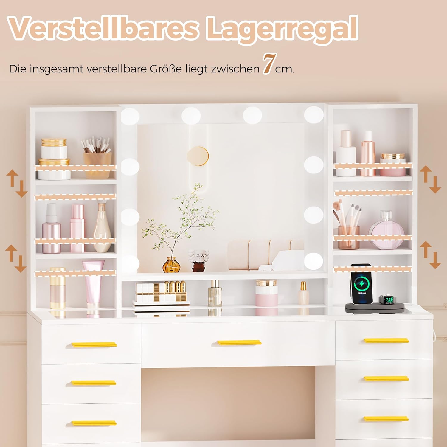 ANWBROAD Große Schminktisch mit Verstellbaren LED-Beleuchtung und Steckdosen,3 Farben,Transparente Glasplatte,Schminktisch mit Spiegel,13 Schubladen,7 Offenen Ablagen,Weiß BDT19W