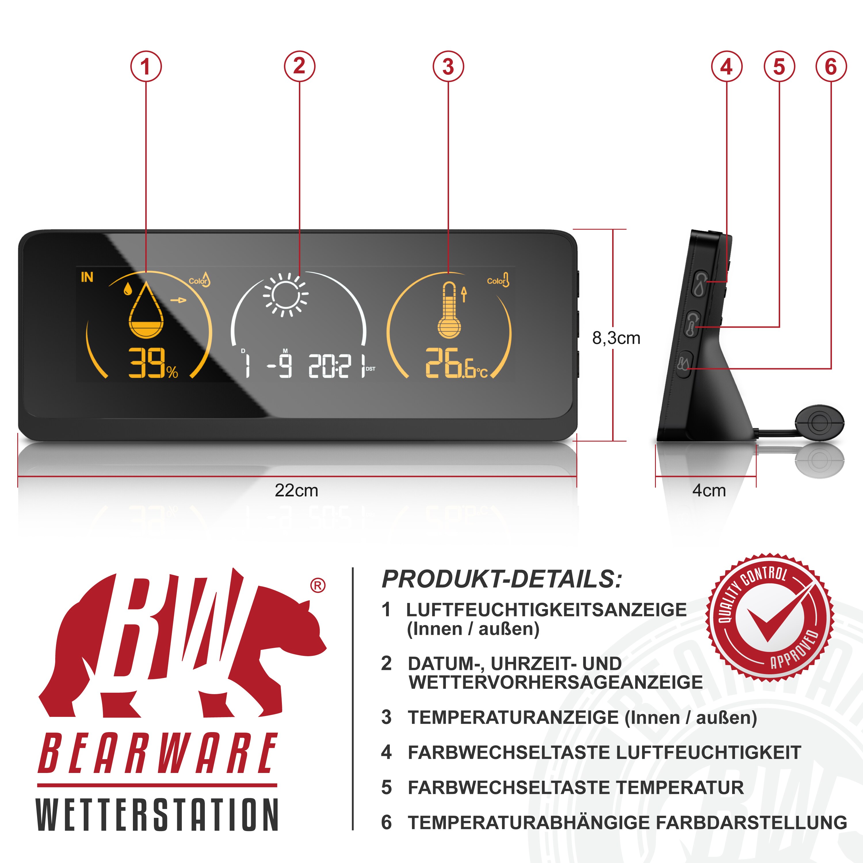 BEARWARE Wetterstation mit Außensensor, Funkwetterstation mit Farbdisplay Wetterstation & Netzteil