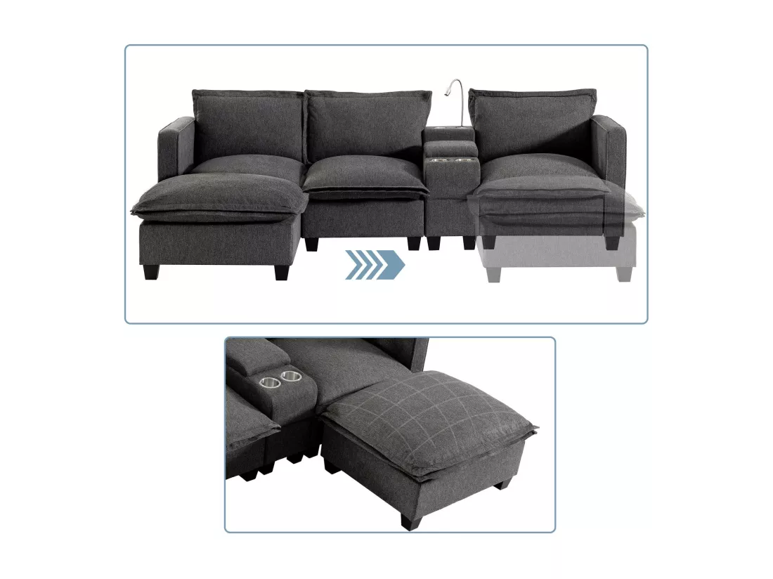 Canapé 3 places en chenille - avec USB et liseuse - avec porte-gobelet et avec repose-pieds - Gris