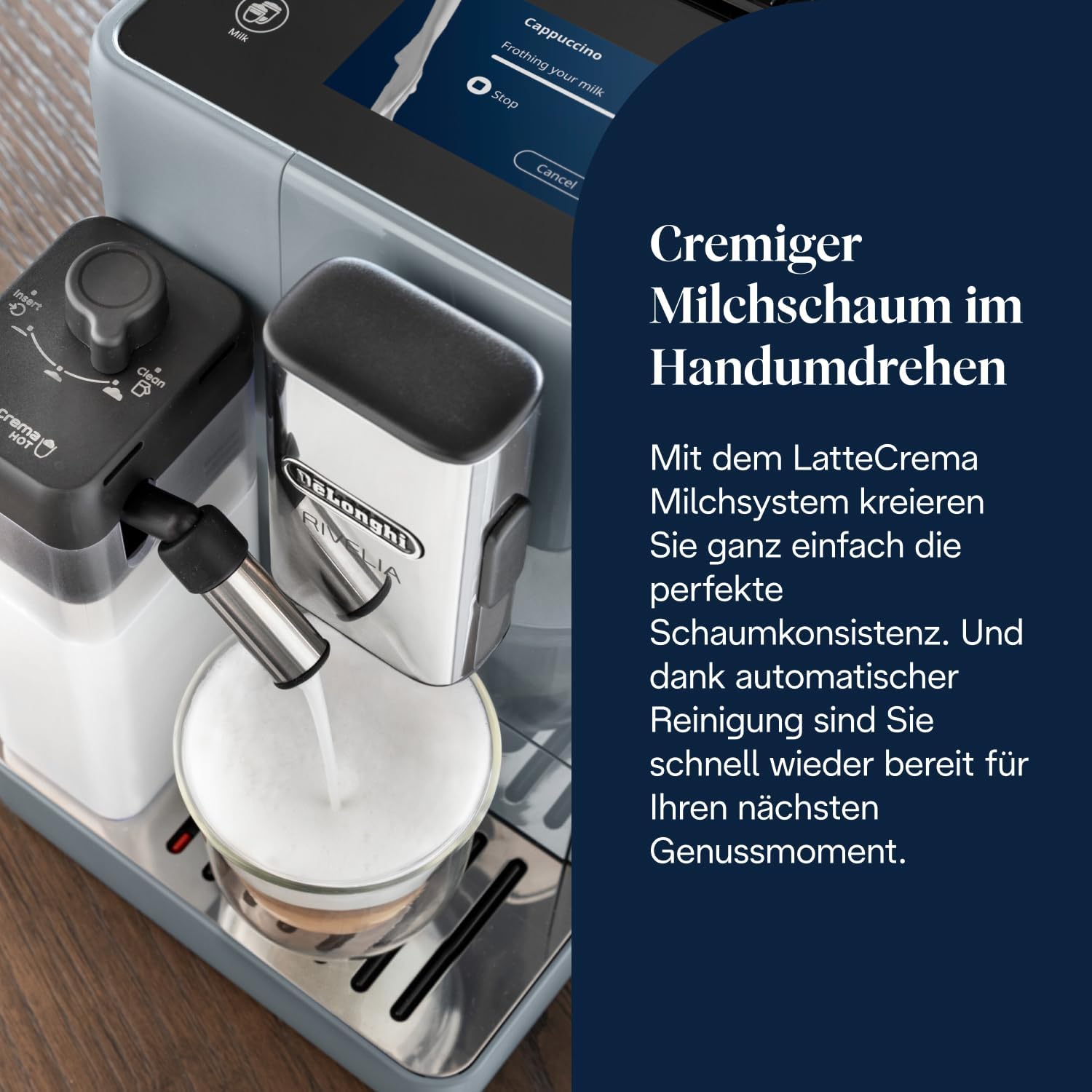 De'Longhi Rivelia - Perfetto Kaffeevollautomat mit LatteCrema-Milchaufschäumer, 16 One-Touch-Getränke, farbiges Touch-Display, austauschbare Bohnenbehälter, Grau (EXAM440.55.G)