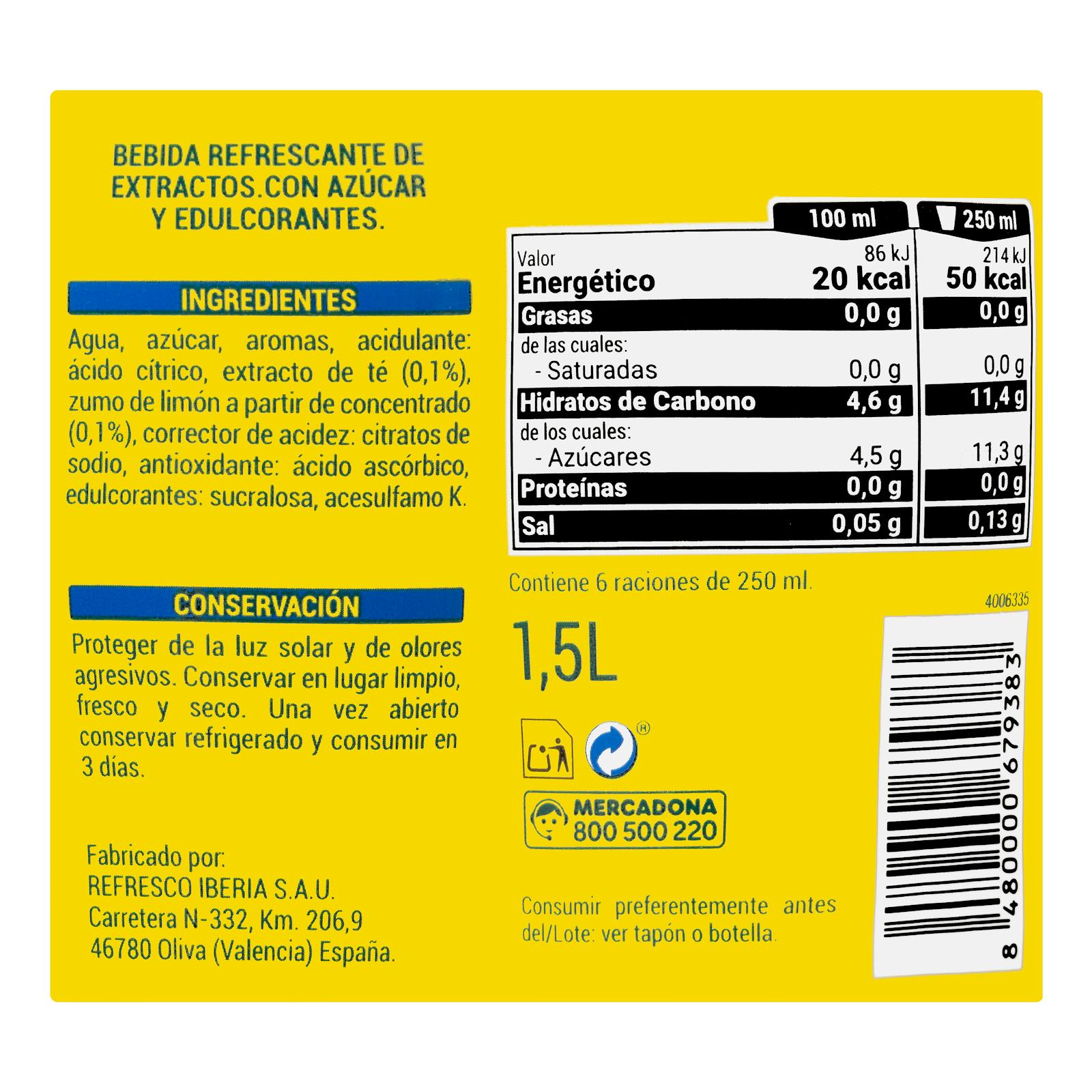 Boisson gazeuse au thé aromatisé au citron Hacendado