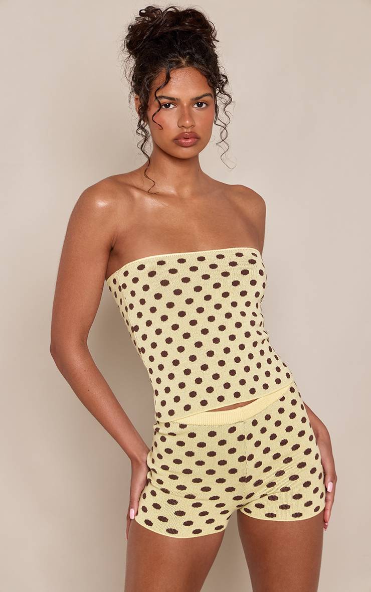 Jaune Short Court Tricoté À Pois
