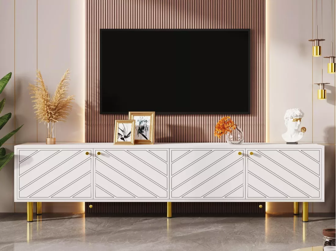 Meuble TV L 170cm - 4 portes - panneaux de particules & MDF - Blanc