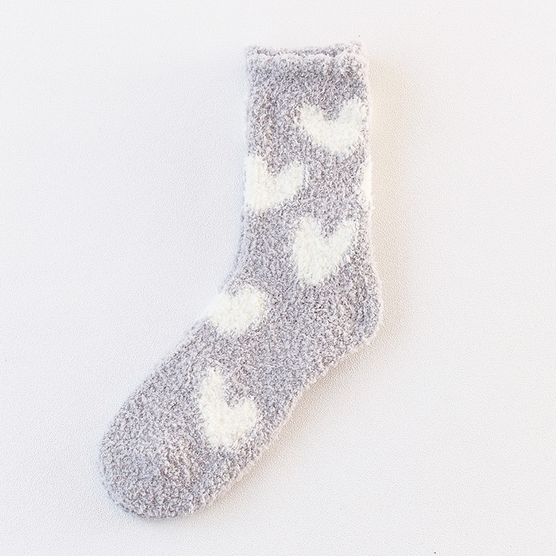 (1 Paar) Damen Kuschel Socken Wintersocken Herz Füsslinge Flauschige Bettsocken (One Size) - Grau / Weiss