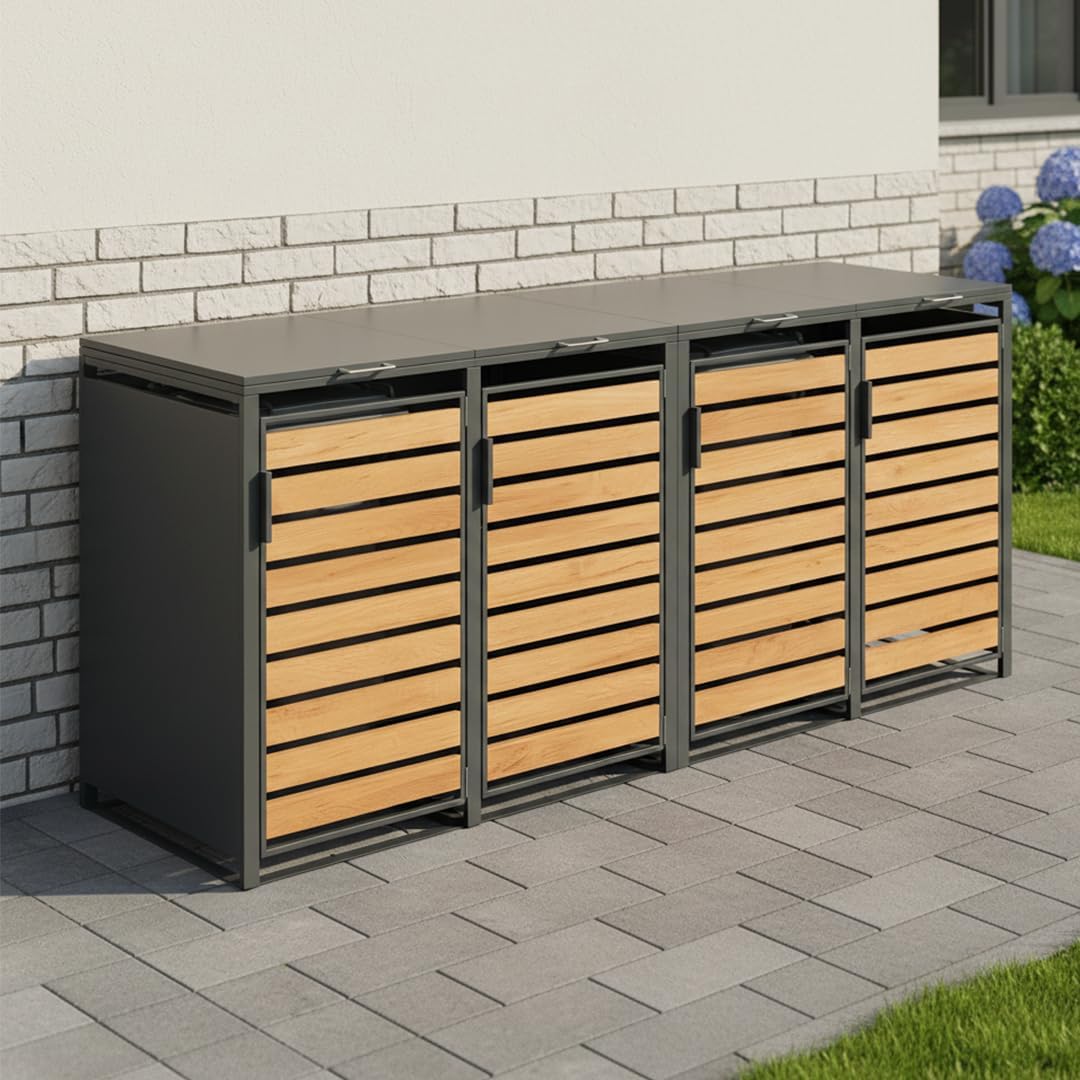 STEELSØN Kestra Mülltonnenbox 4er bis 120L – Mülltonnenverkleidung aus Stahl mit Sichtstreifen in Holzoptik – hochwertige Müllcontainer für 4 Tonnen – Müllbox in Anthrazit – Gerätebox wetterfest
