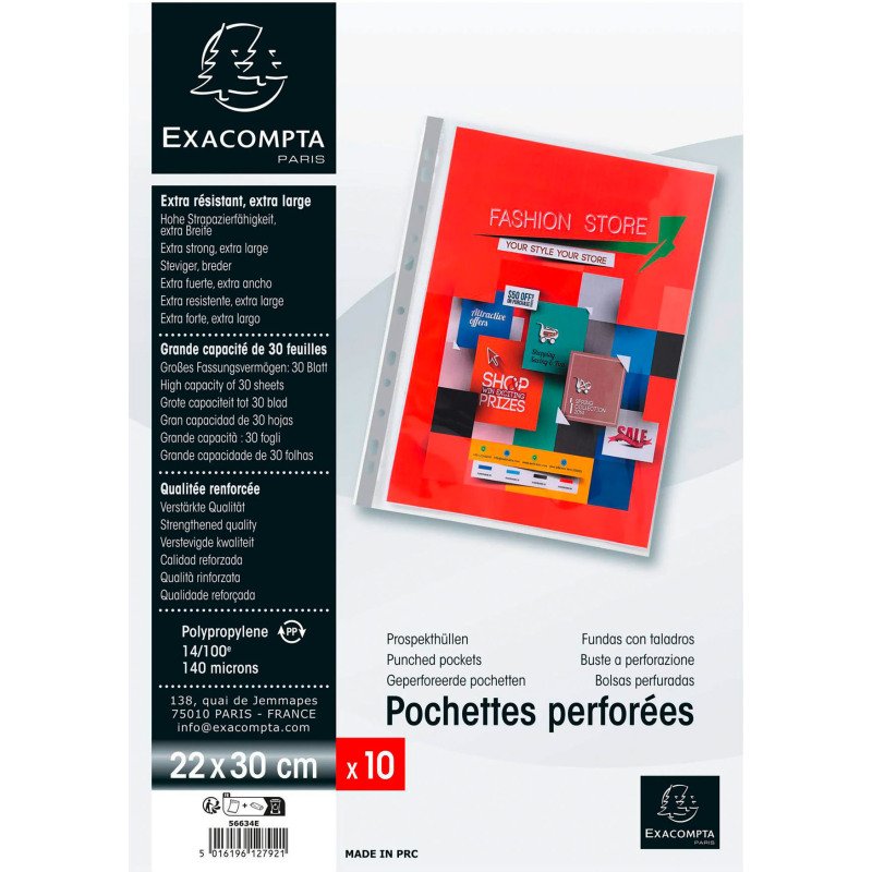 Pochettes perforées Exacompta Premium A4+ polypropylène lisse 24/100e - Boite de 10