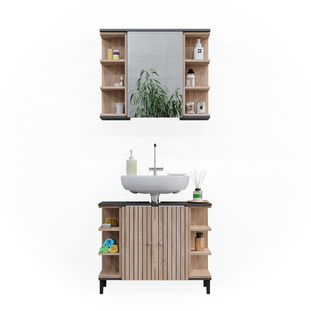 Vicco Badmöbel-Set Aquis, Sonoma Anthrazit, Badezimmer, moderne Badserie, Waschtischunterschrank, Spiegelschrank