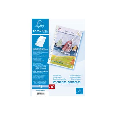 Exacompta - 100 Pochettes perforées - A4 - lisse 6/100 - ouverture 2 côtés