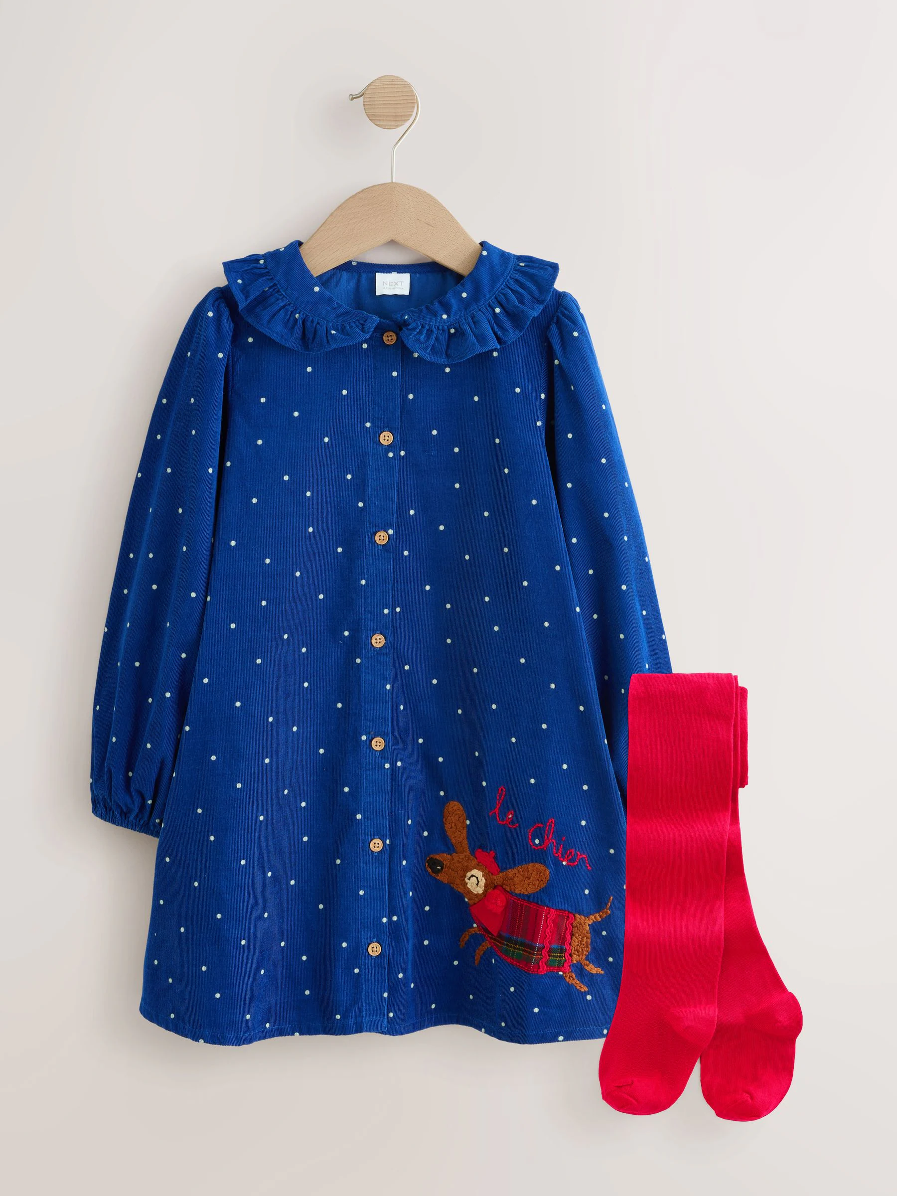Kobaltblauw met figuurtjes - Cord Dress And Tights Set (3mths-8yrs)