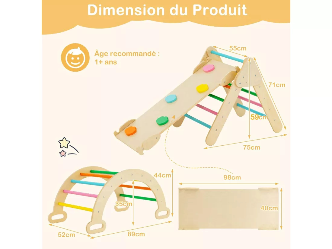 7 en 1 Triangle d'escalade Enfants avec Rampe Réversible, Arc d'escalade ou Bascule en Bois de Hêtre, Charge Max 50KG pour Glisser ou Grimper pour Bébé de 1 an+, Naturel