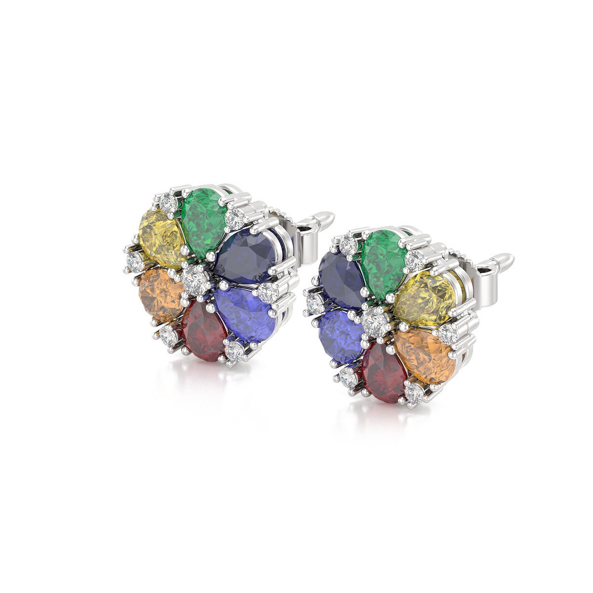 Boucles d'oreilles ADEN Or 585 Blanc Multi-Pierres précieuses et Diamant 2.74grs