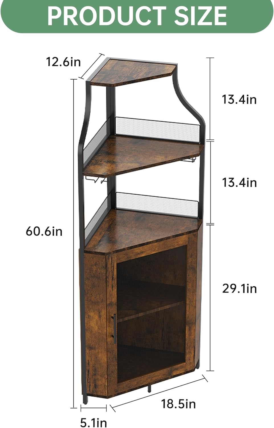 Eck-Weinschrank 154 cm – Bar Schrank Im Industrial Design Mit Glashalter, Gittertür & Verstellbaren Regalen – Platzsparender Eck-Barschrank Für Wohnzimmer, Küche & Esszimmer,Vintage-Farbe