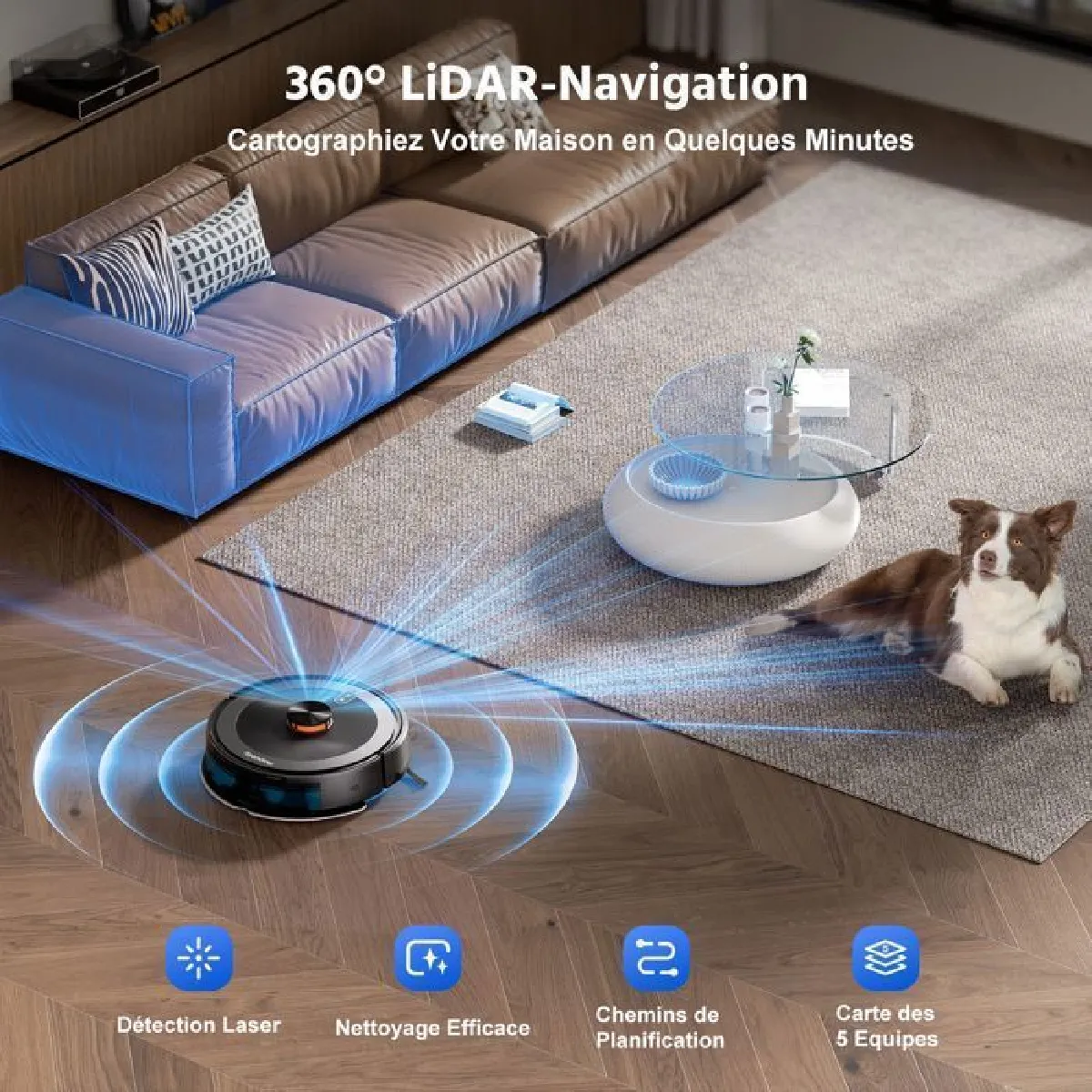 Teendow Robot Aspirateur Laveur, 3000Pa Aspirateur Robot sans Fil avec Balai, 2600mAH/120Min, Wi-Fi/ LDS Laser Navigation