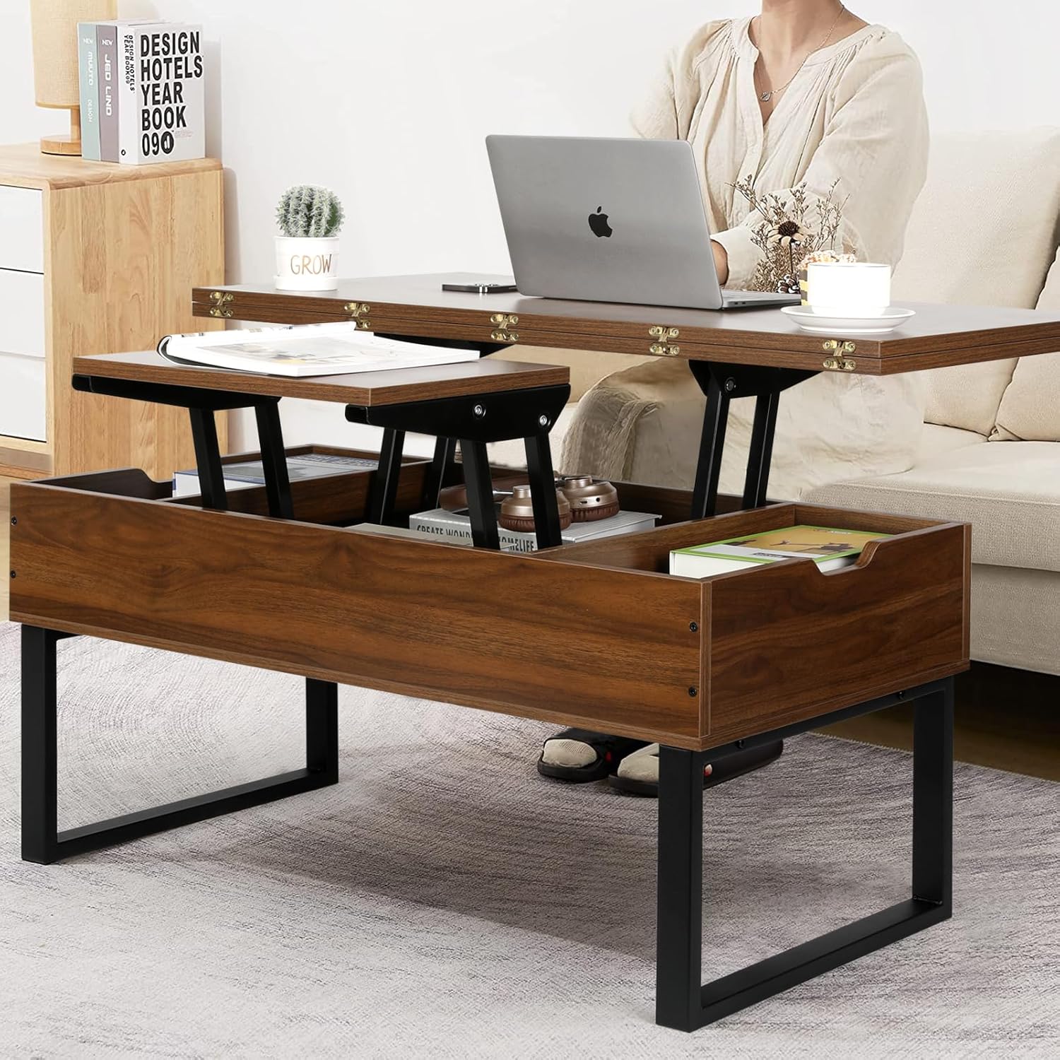 VOWNER Couchtisch Höhenverstellbar, 3-in-1-Multifunktions-Wohnzimmertisch mit Versteckter Aufbewahrung, Couchtisch Umwandelbar in Wohnzimmer-Esstisch, Walnussfarbe