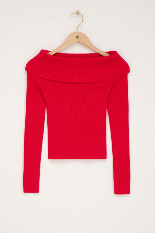 Rode off-shoulder top met rib