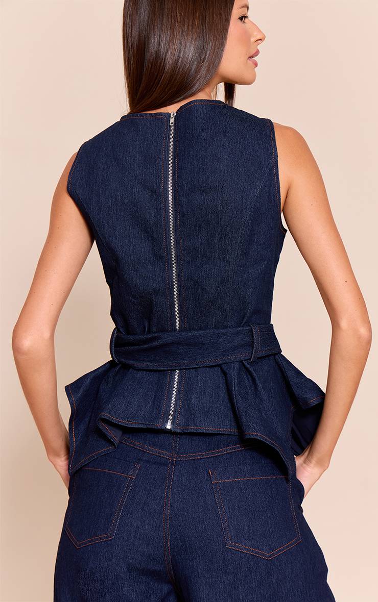 Bleu Indigo Haut Péplum En Denim Chambray Bleu Avec Ceinture Décorative