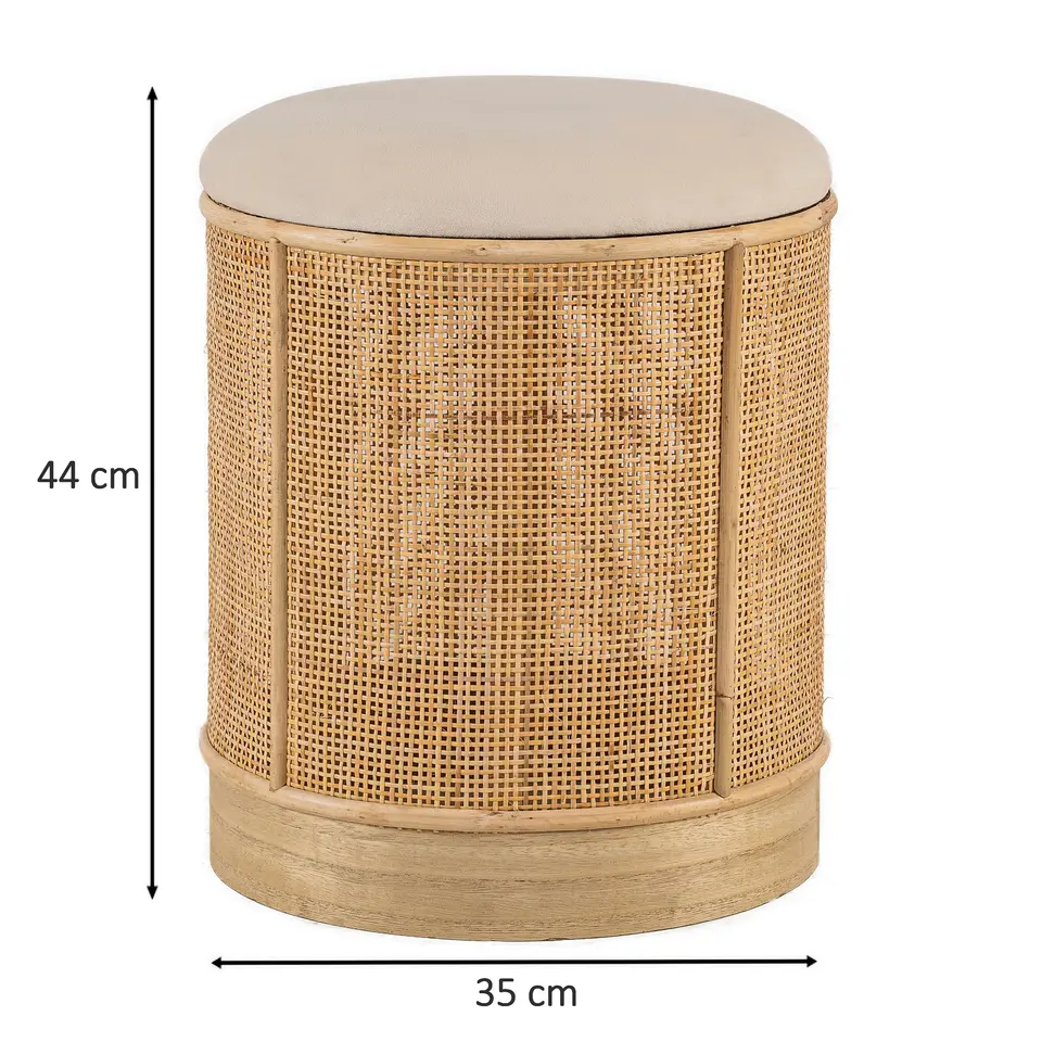Pouf in beige velvet and rattan
