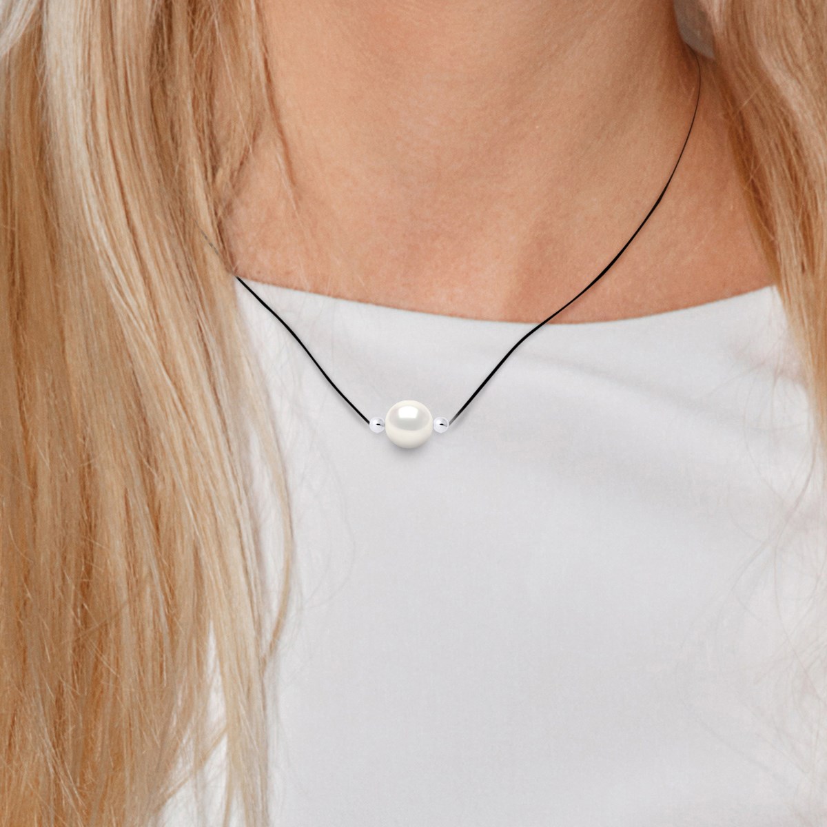 Collier Perle d'Eau Douce Ronde 9-10 mm Blanche Nylon Noir Argent 925