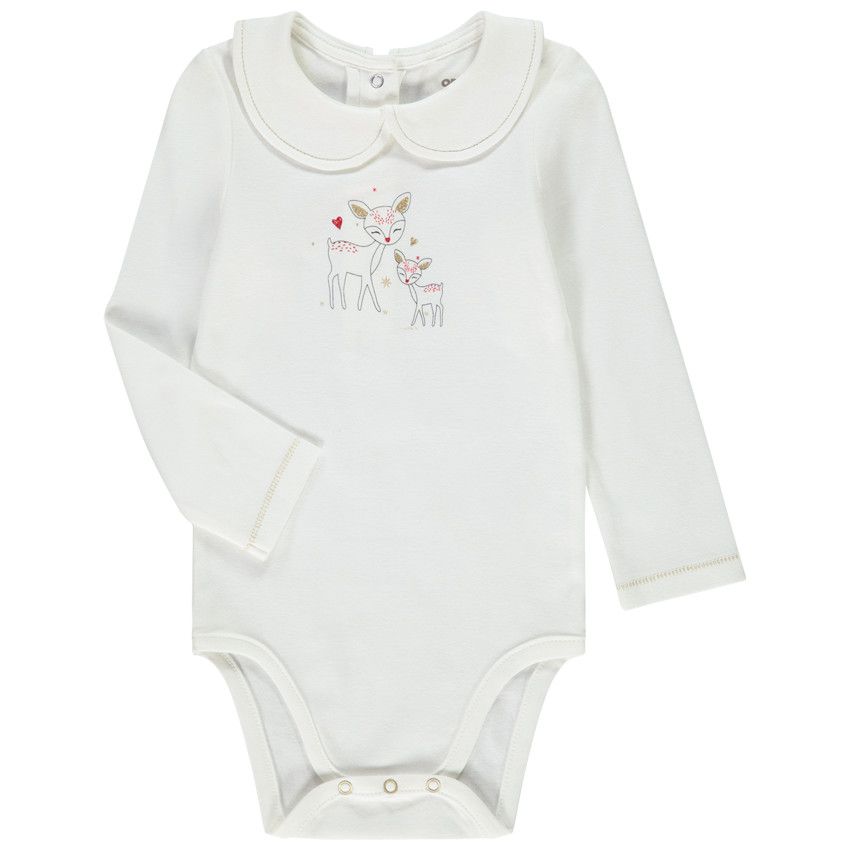 Body manches longues en jersey avec col claudine et print faons pour bébé fille - Ecru