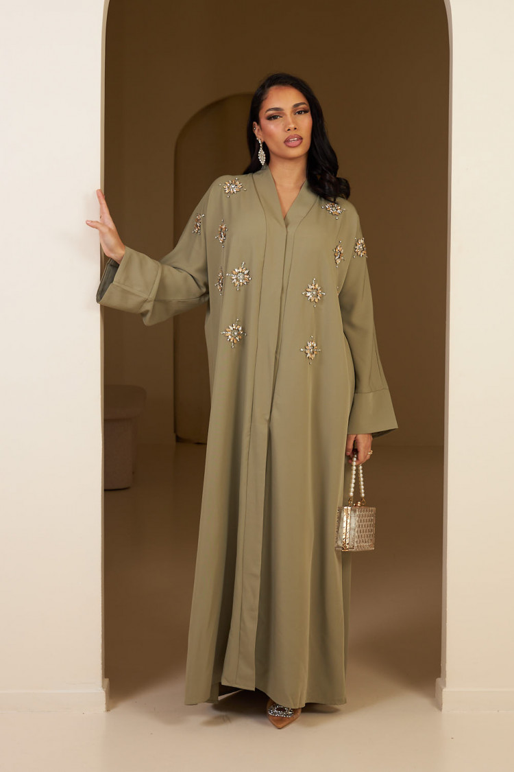 Kimono vert à strass doré et argenté