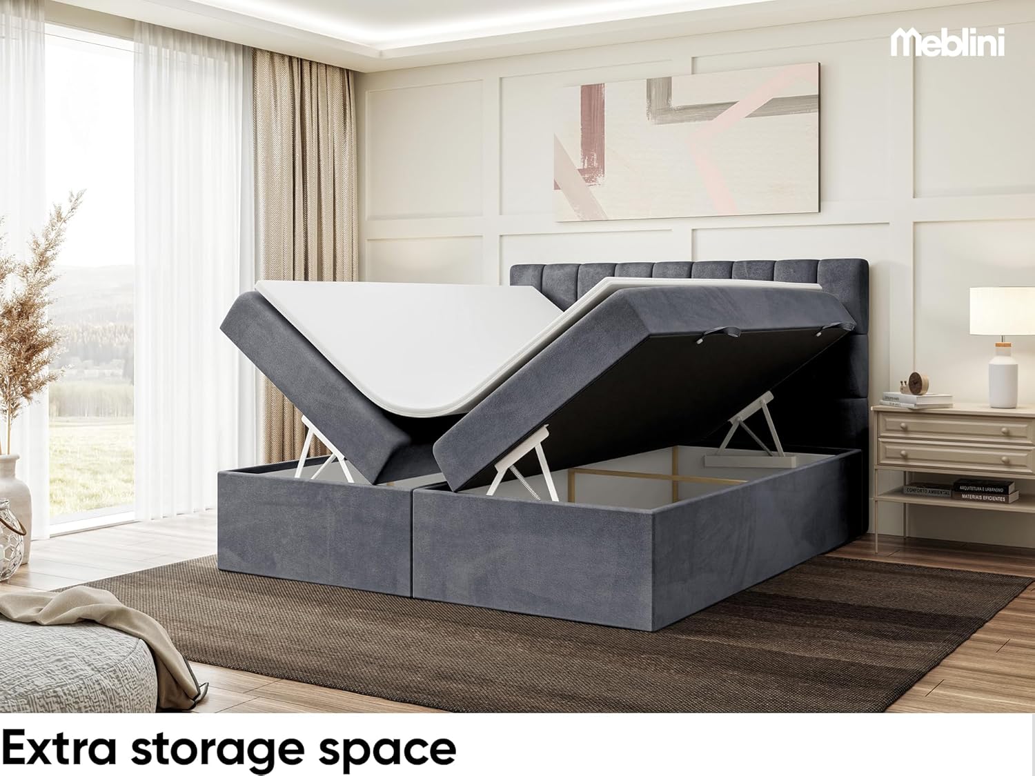MEBLINI Boxspringbett mit Bettkasten - Gepolstert Doppelbett mit Matratze und Topper - Polsterbett mit Stauraum - Bett mit Kopfteil - Stauraumbett - Lukas - 180x220 - H3/Dunkelgrau Samt