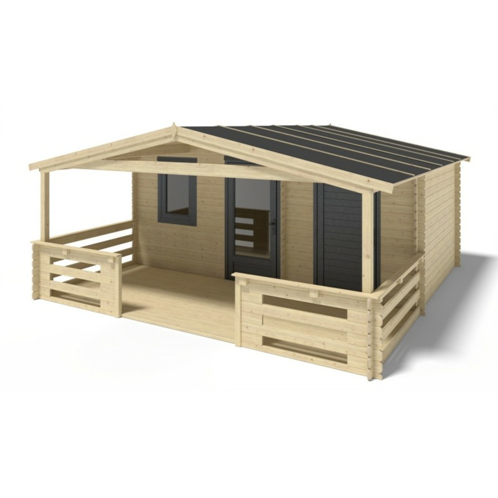 Abri de jardin en bois - 5x3 m - 25 m2 + terrasse avec balustrade et avant-toit en bois