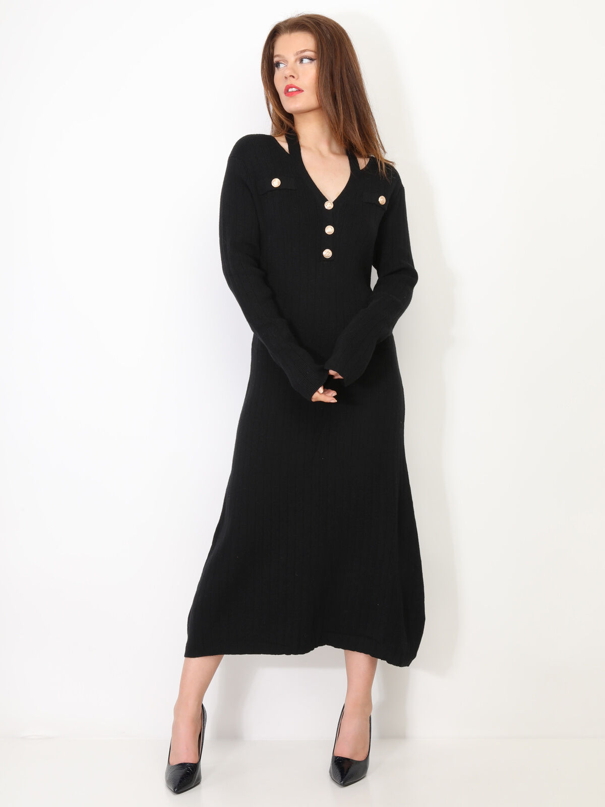 Robe longue cut out à boutons- Noir