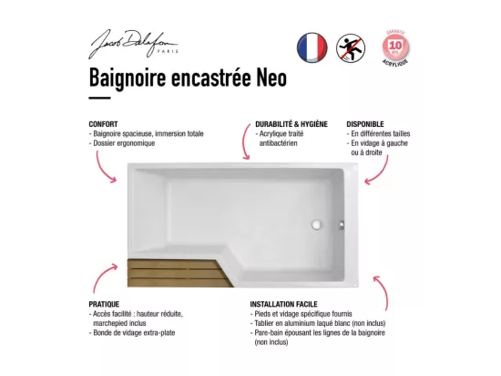 Pack baignoire bain douche antidérapante 170 x 90 JACOB DELAFON Neo blanc mat version droite + tablier