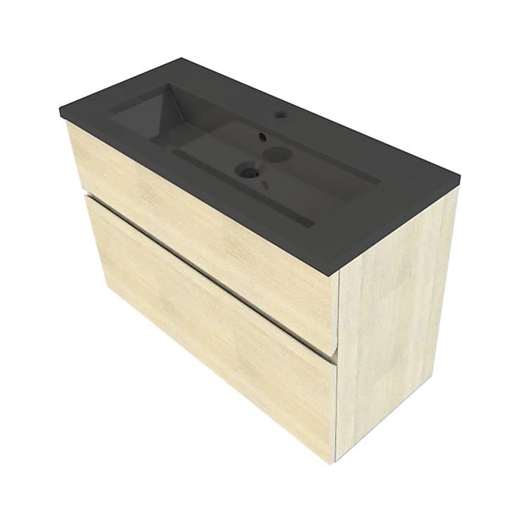 Meuble sous vasque faible profondeur à suspendre Calao aspect chêne naturel 90 cm + plan vasque en résine noir