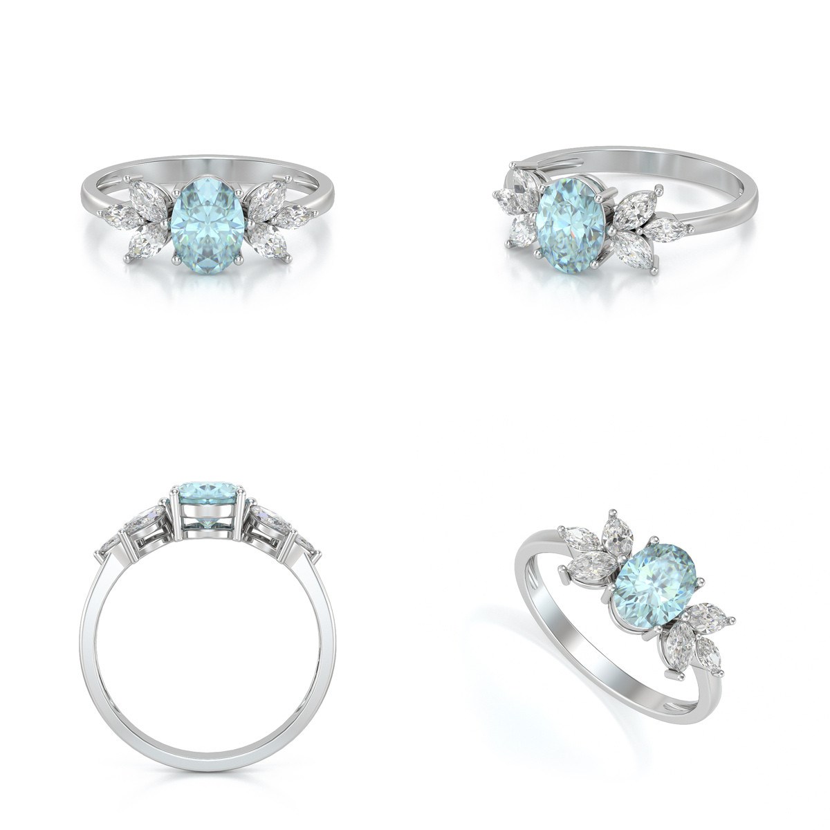 Bague ADEN Or 585 Blanc Aigue-Marine et diamants 1.938grs