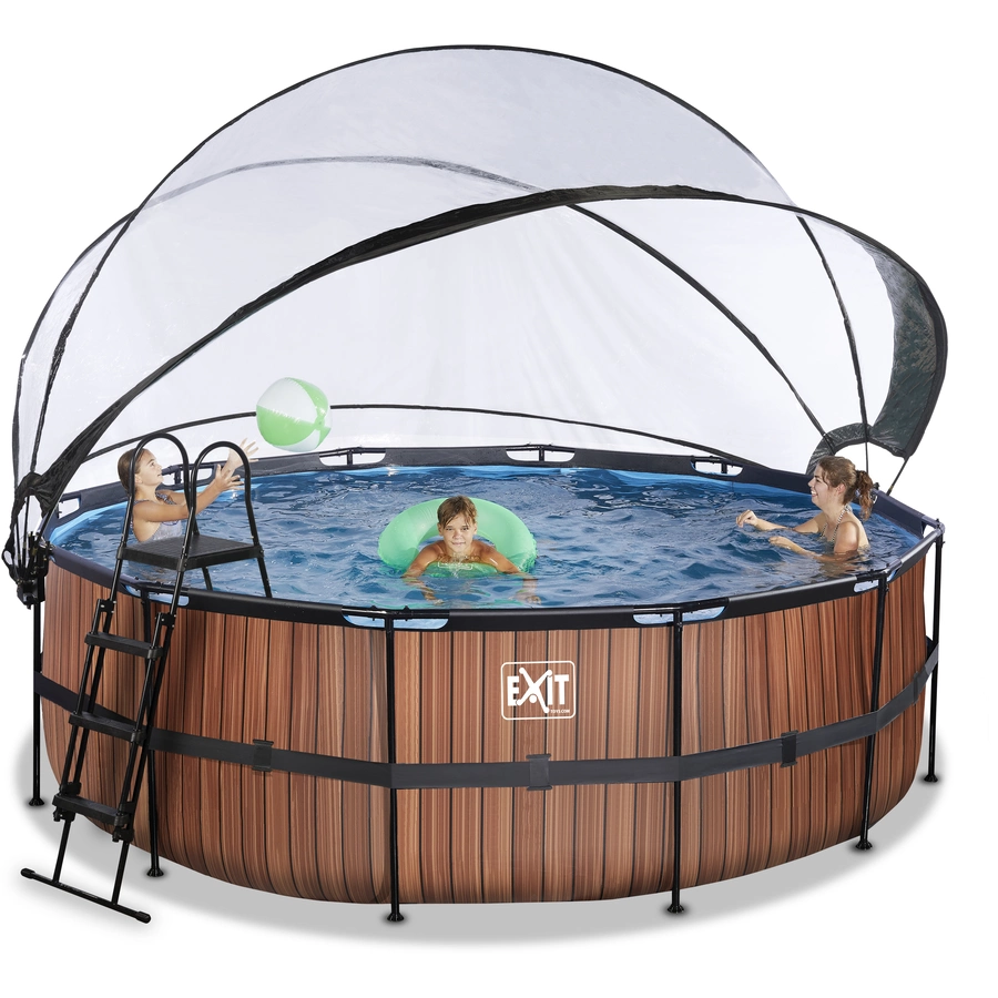 EXIT Frame Pool ø427x122cm (12v Sandfilter) – Holz Optik + Sonnendach