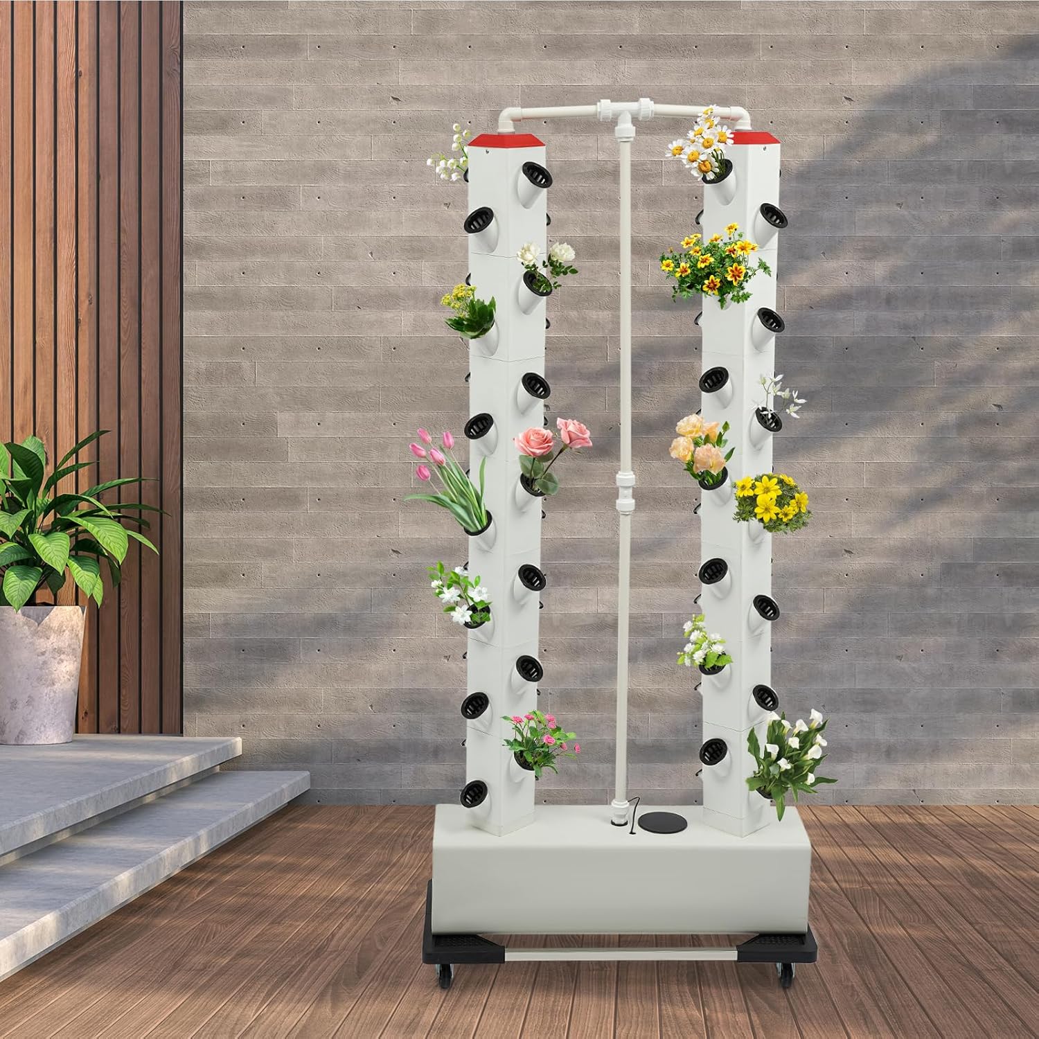 Hydroponic System 56 Löcher 7 Tier Erdloses Anbausystem Grow Kit, Aeroponik-Turm Hydroponisches Anzuchtsystem mit Hydratisierungspumpe, Timer, Adapter, Saatbett und Netztöpfen