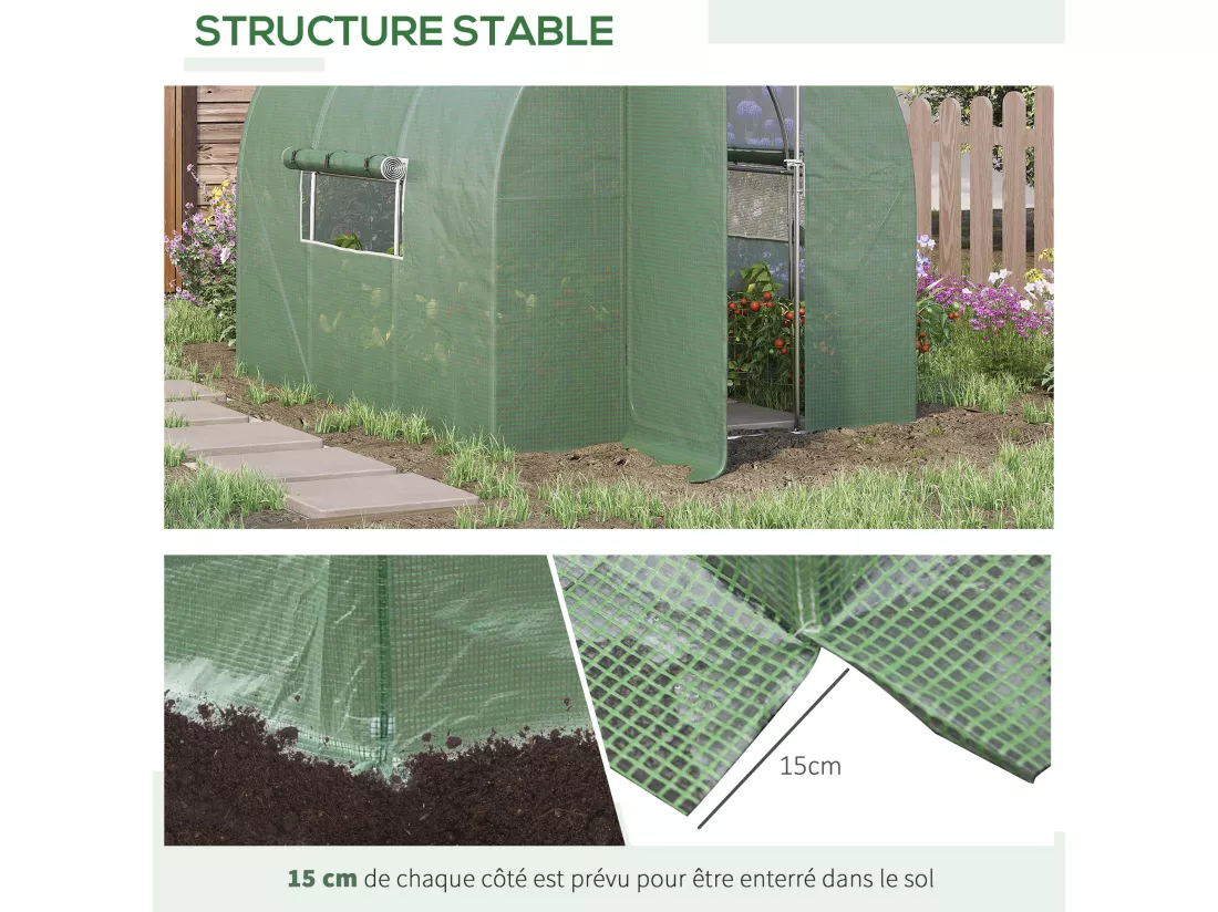 Serre de Jardin Tunnel 6 m² Acier galvanisé renforcé diamètre 2,5 cm + PE Haute densité fenêtres Porte Vert