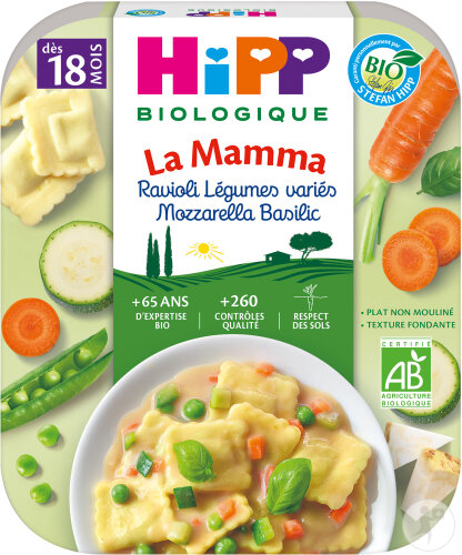 HiPP Biologique La Mamma Ravioli Légumes Variés Mozzarella Basilic Dès 18 Mois Assiette 250g