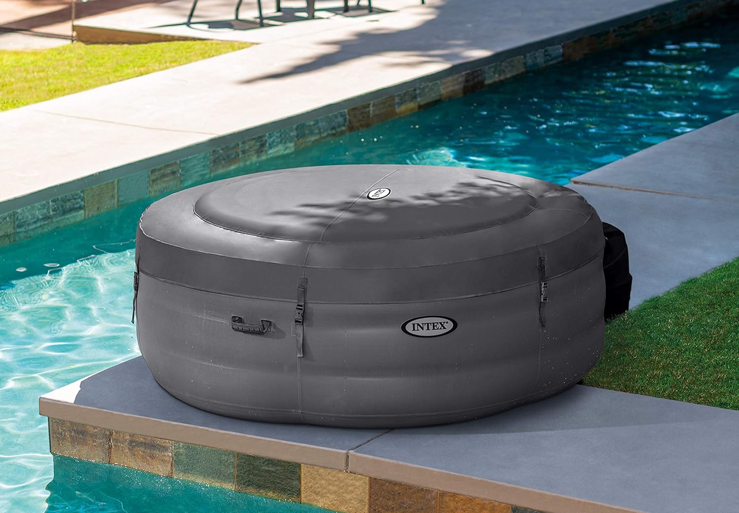 Intex 28482 - Whirlpool aufblasbar Simple Spa, 4 Personen, 100 Düsen, Heizung, Grau, ⌀ 196x66 cm