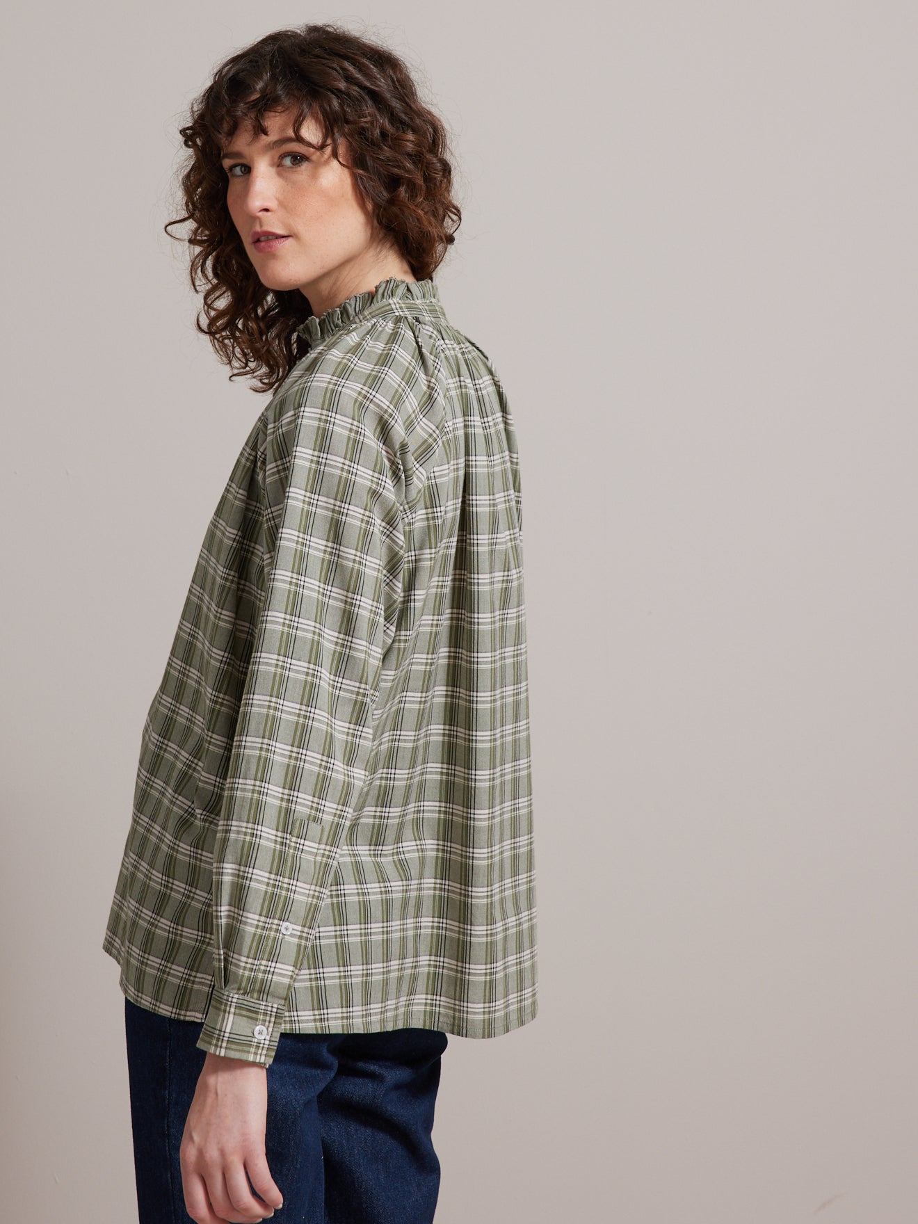 Blouse col froufrou femme carreaux pistache