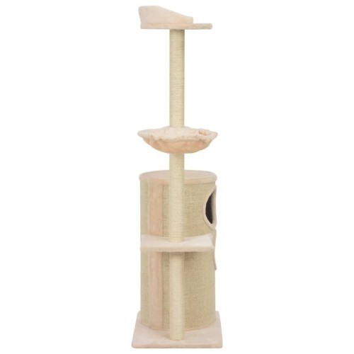 Arranhador bege para gatos com hastes de sisal.