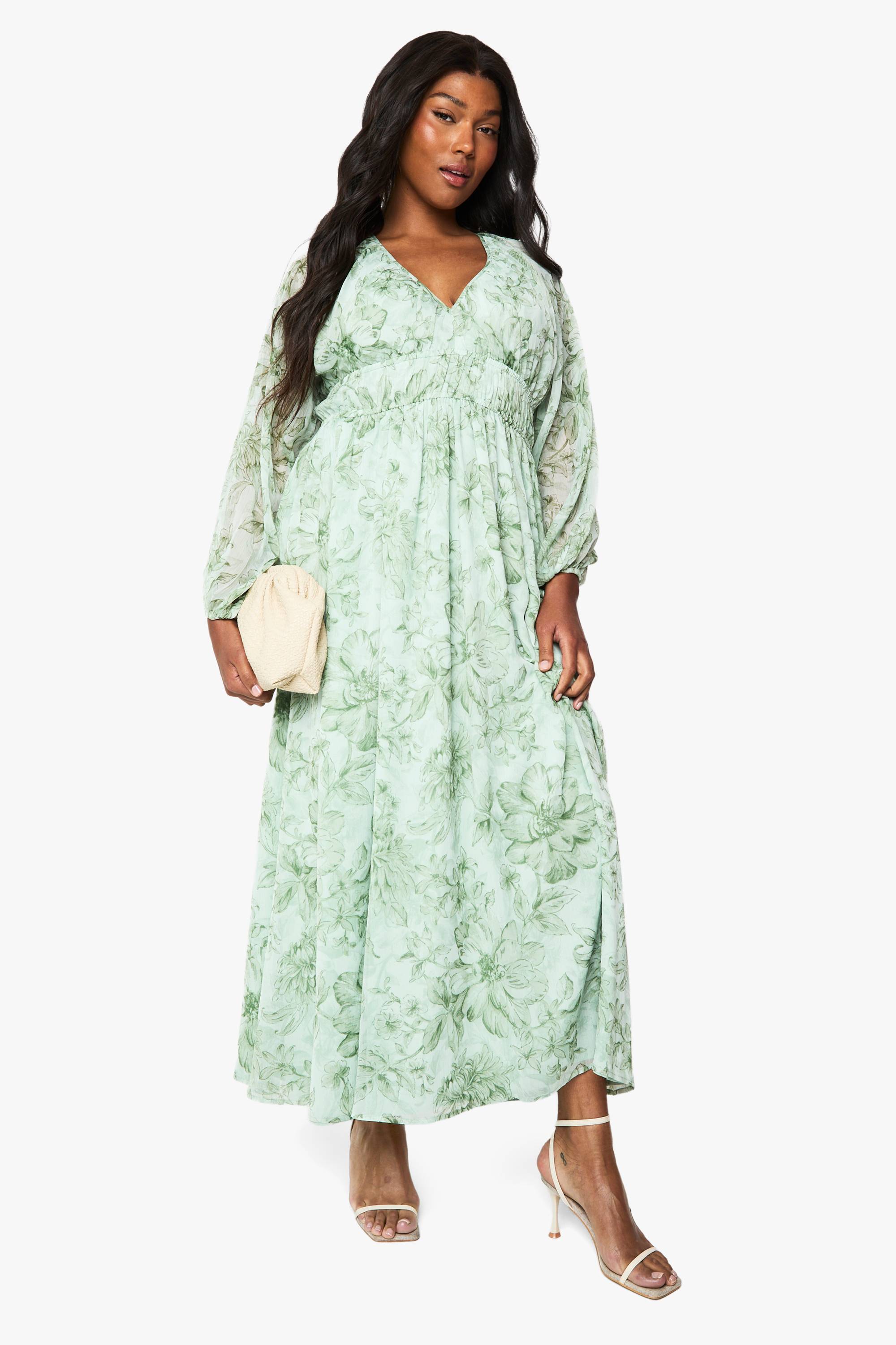 boohoo Robe maxi en chiffon fleuri froncé à manches blouson