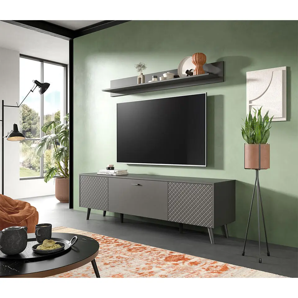 Hioshop Linea dressoir 2 deuren 1 klepdeur mat grijs