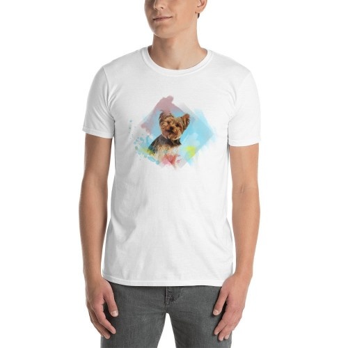 Camiseta masculina personalizada Mascochula com estampa em aquarela do seu animal de estimação, branca.