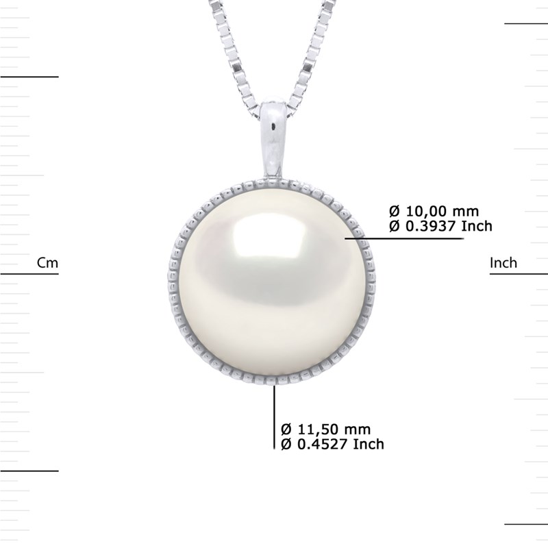Collier Bélière Entourage Diamanté - Véritable Perle de Culture d'Eau Douce Bouton 10-11 mm - Blanc Naturel - Or Blanc